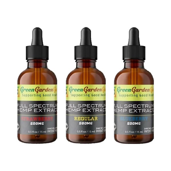 Three Green Garden Gold Full Spectrum Hemp Extract products (strawberry, regular, blueberry) next to each other, 500mg CBD Oil 15ml