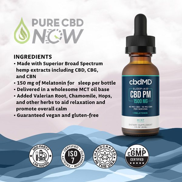 cbdMD CBD Oil PM Tincture Drops 30mL 500mg Ingredients