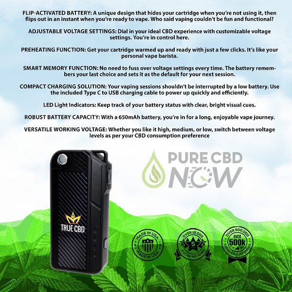 True CBD 510 Thread Key Box Plus FLIP Vape Battery - Product Info