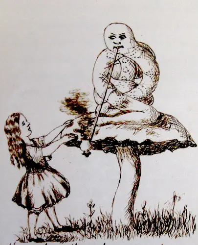 Alice from 'Alice in Wonderland' encountering a caterpillar sitting on a mushroom