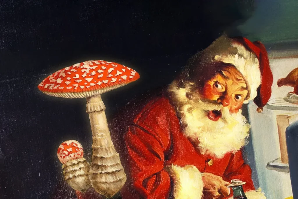 Amanita Muscaria in a christmas setting with santa claus next to the mushrooms.