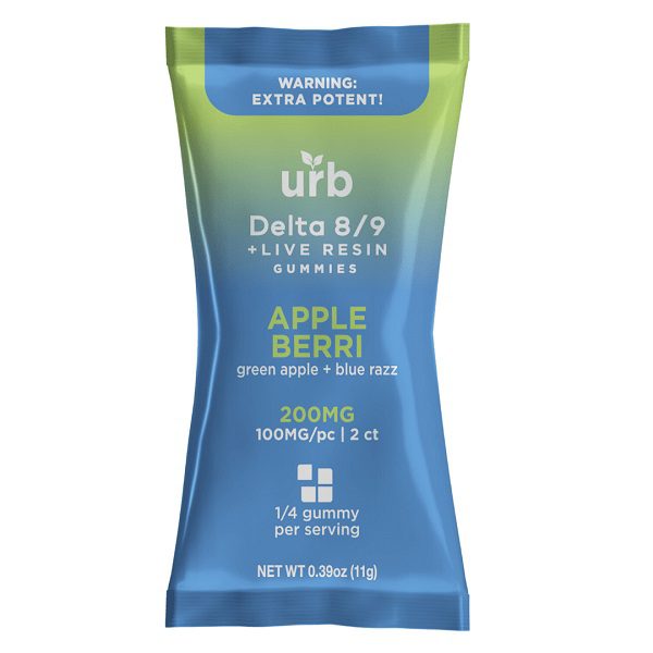 URB Delta 8 Delta 9 Live Resin Gummies 200mg infused with 50mg of delta 8 THC and 50mg of delta 9 THC each for a total of 100mg per gummy - Apple Berri Flavor