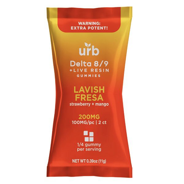 URB Delta 8 Delta 9 Live Resin Gummies 200mg infused with 50mg of delta 8 THC and 50mg of delta 9 THC each for a total of 100mg per gummy - Lavish Fresa Flavor