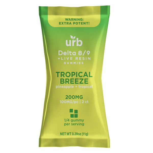 URB Delta 8 Delta 9 Live Resin Gummies 200mg infused with 50mg of delta 8 THC and 50mg of delta 9 THC each for a total of 100mg per gummy - Tropical Breeze Flavor