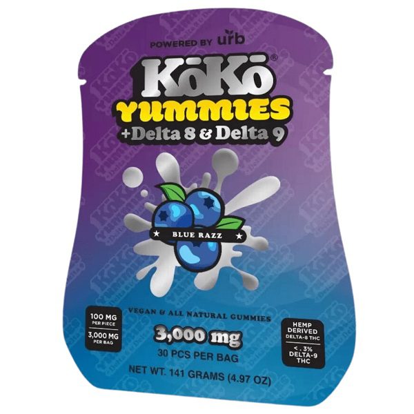 URB KoKo Yummies - 50mg Delta 8 THC and 50mg Delta 9 THC per gummy at 3000mg per package (30 gummies) - Blue Razz Flavor