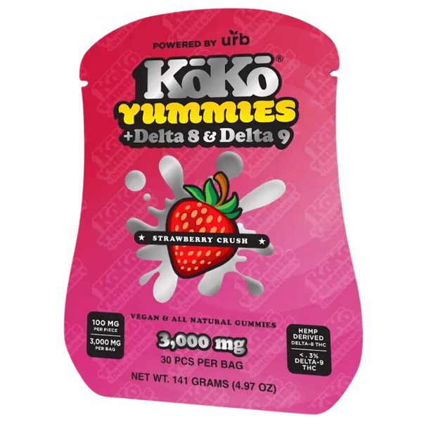 URB KoKo Yummies - 50mg Delta 8 THC and 50mg Delta 9 THC per gummy at 3000mg per package (30 gummies) - Strawberry Crush Flavor