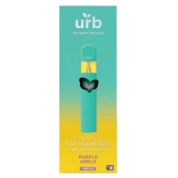 URB Saucy THC Diamonds Rechargeable and Disposable Vape Pen 3 Grams infused with D8, liquid diamonds THCA, and THCH - Purple Urkle (Indica) Strain