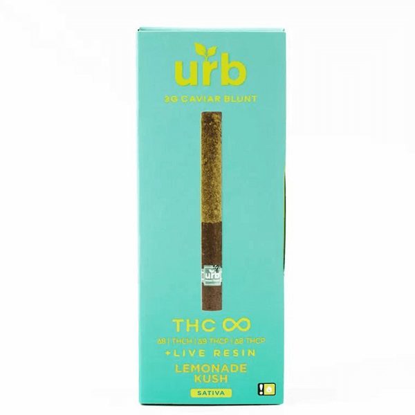 URB THC Blend Infinity Caviar Blunt 3 Grams infused with a potent blend of delta 8 THC, THC-H, delta 9 THC-P, and delta 8 THC-P - Lemonade Kush (Sativa) Strain