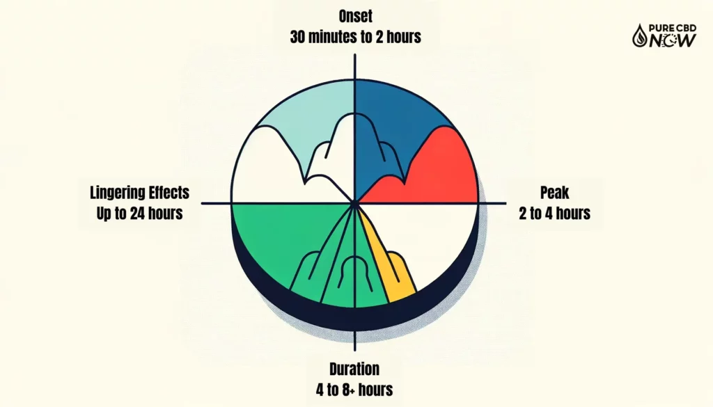 Vector design of a minimalist clock with segments showing the time frames: Onset (30 minutes to 2 hours) highlighted in blue, Peak (2 to 4 hours) in red, Duration (4 to 8+ hours) in green, and Lingering effects (up to 24 hours) in yellow.