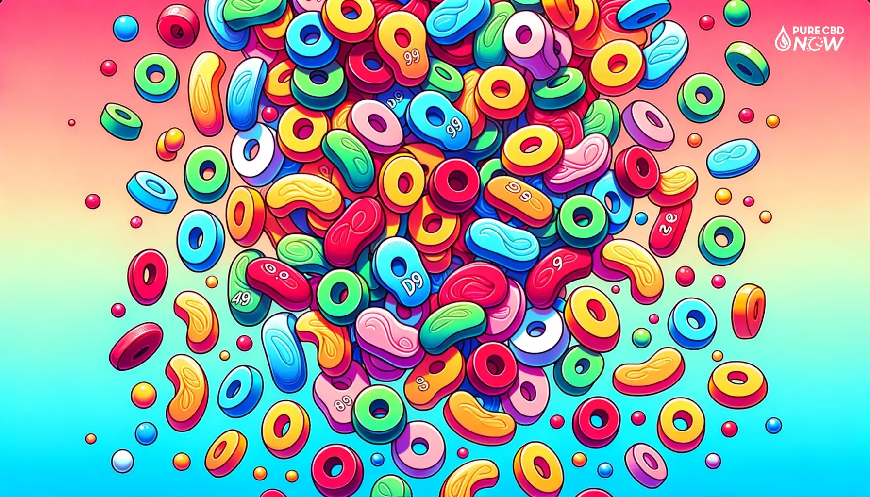 Illustration of a lively assortment of D9 gummies in shades of red, blue, green, yellow, and orange. The gummies are playfully scattered across a gradient backdrop that transitions from light blue to soft pink. Some gummies overlap, creating a sense of depth.