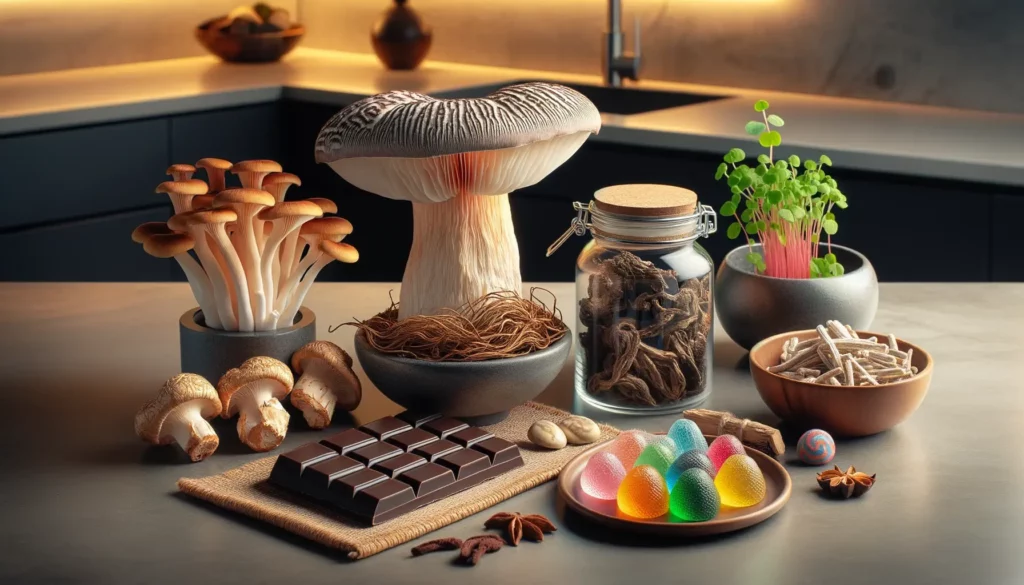 Sleek modern countertop showcasing popular nootropics. There's a fresh Lion's Mane Mushroom with its distinctive appearance, dried Panax Ginseng roots, Bacopa Monnieri leaves in a small dish, a bar of nootropic chocolate partially unwrapped, and colorful nootropic gummies in a glass jar. Each item is labeled for easy identification, and the setting is illuminated with soft, ambient lighting.