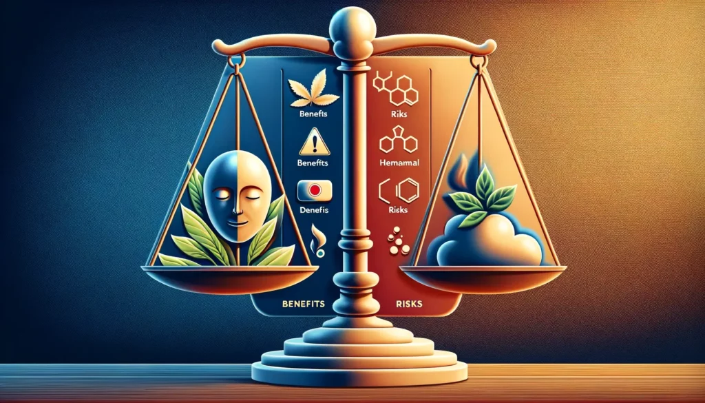 An image of a balanced scale or comparison chart representing the debate between the benefits and risks of Delta 8 pens. The image should feature a balanced scale with one side depicting symbols of benefits (like a relaxed face or a leaf) and the other side showing risks (like a warning sign or a chemical symbol). Alternatively, a comparison chart that visually contrasts the pros and cons of Delta 8 pens, in a clear, informative, and visually engaging manner.