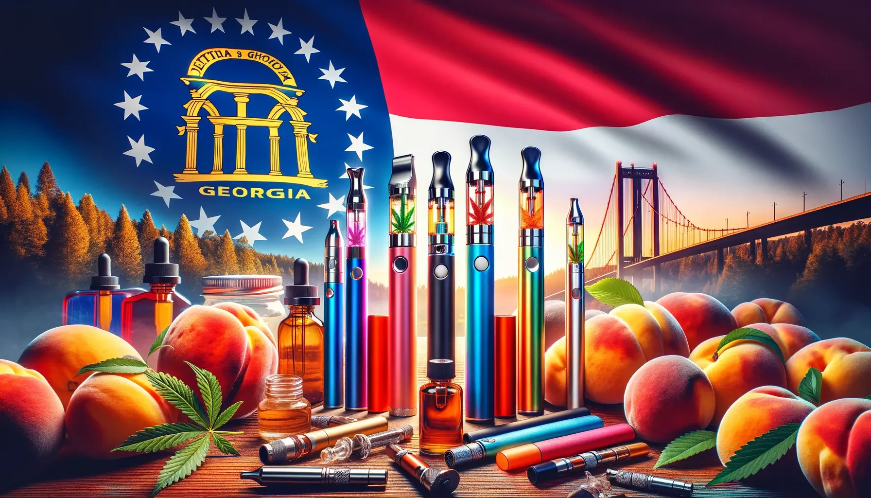 A vibrant and eye-catching image of Delta-8 THC vape pens, displayed in a legal and positive light, showcasing various designs and colors. The image should convey a sense of legality and safety, set against a backdrop of Georgia's iconic landscapes or symbols, such as peaches or the state flag, to emphasize the legal status of these products in Georgia. Include a serene and welcoming atmosphere.