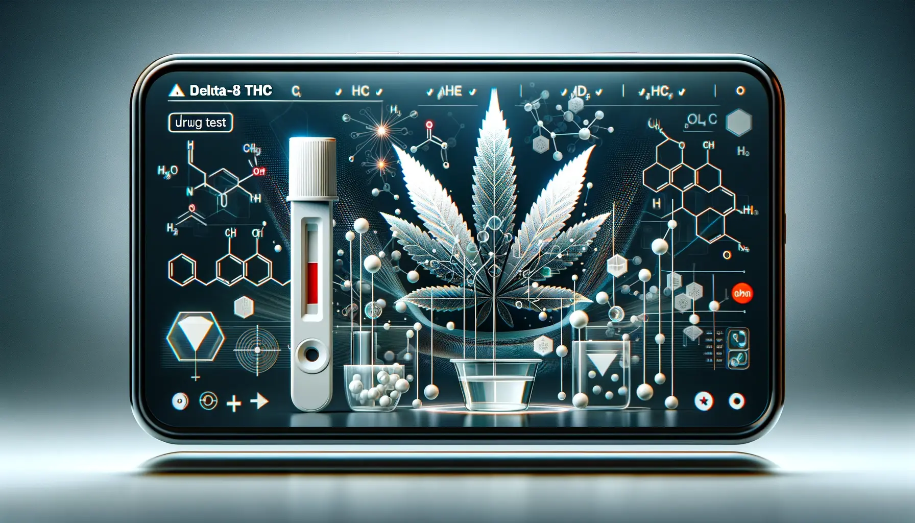 A modern, sleek featured image for a blog post about delta-8 THC and drug tests. The image should include visual elements related to cannabis, urine tests, and molecular structures, blended in a sophisticated and informative design. Include a digital, high-tech theme to represent the analytical nature of drug testing. The image should capture the essence of scientific inquiry and cannabis-related legal considerations, with a color scheme that is professional and engaging.