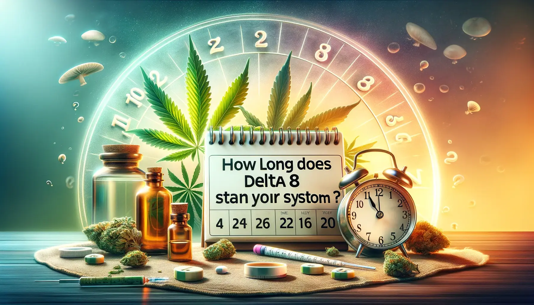 A calming and informative featured image for a blog post titled 'How Long Does Delta 8 Stay in Your System', showing a serene background with cannabis leaves, a calendar, and a clock to symbolize the passage of time and duration. The image should be professional and not promote drug use, focusing instead on the educational aspect of the content.