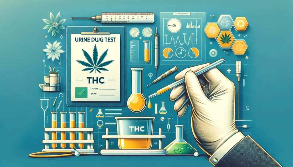 Create an informative and visually appealing image representing urine drug tests for Delta-8 THC. The image should include elements like urine sample cups, a laboratory setting, and visual cues indicating THC testing. The style should be professional and educational, suitable for a blog post discussing drug testing procedures and their relation to Delta-8 THC use. Focus on accuracy and clarity to enhance the understanding of the drug testing process.