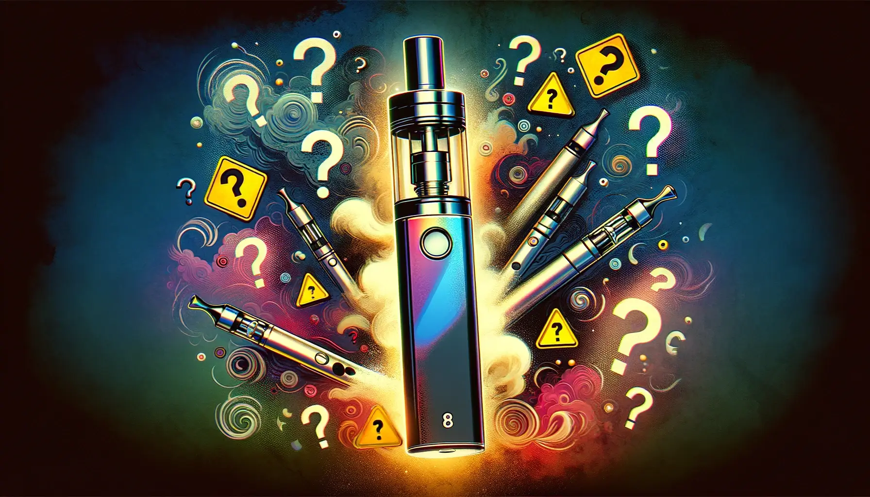 A captivating 16:9 image representing the query 'Are delta 8 pens dangerous', featuring a stylized representation of delta 8 vape pens with caution symbols and question marks surrounding them, conveying a sense of inquiry and caution. The background is a blend of dark and light colors to highlight the pens and symbols, creating a visually striking and thought-provoking composition.