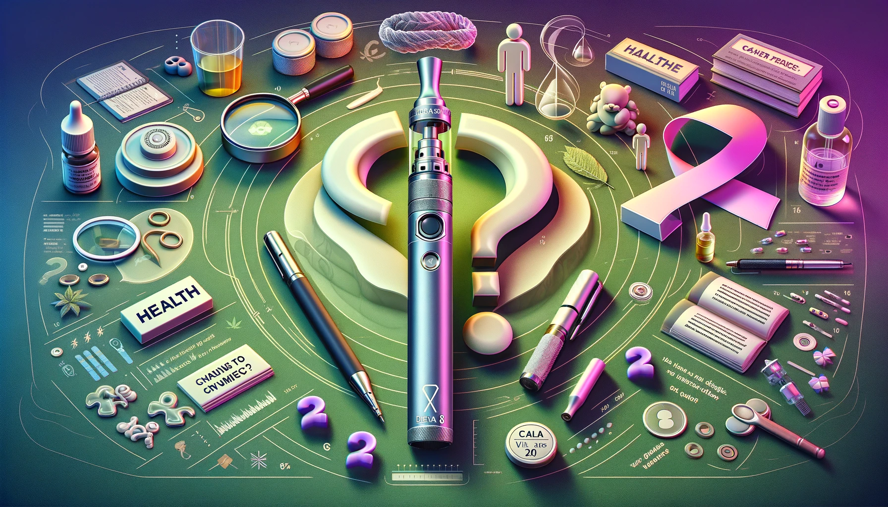 A visually striking, informative featured image illustrating the theme 'Can Delta 8 Pens Cause Cancer?' The image should include a Delta 8 vape pen surrounded by question marks to symbolize inquiry and uncertainty. The background should depict a juxtaposition of health symbols and cancer awareness ribbons, to represent the dual nature of the question. Include visual elements that suggest research and medical inquiry, such as a magnifying glass inspecting the vape pen, and a balance scale indicating the weighing of evidence. The overall tone should be neutral and thought-provoking, encouraging viewers to seek more information. The image should be designed in a modern, infographic style, suitable for a health advisory or investigative article, with a clear focus on the Delta 8 pen as the subject of question. The color palette should include shades of green, associated with Delta 8, and the typical lavender of cancer awareness ribbons, ensuring the image is visually balanced and suitable for a wide audience.